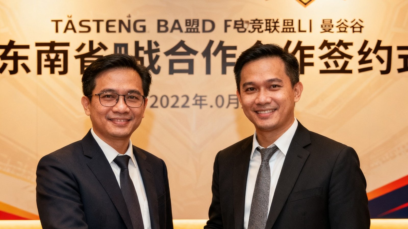 爱游戏与东南亚电竞联盟在曼谷举行战略合作签约仪式，双方代表握手合影，背景为合作标志墙