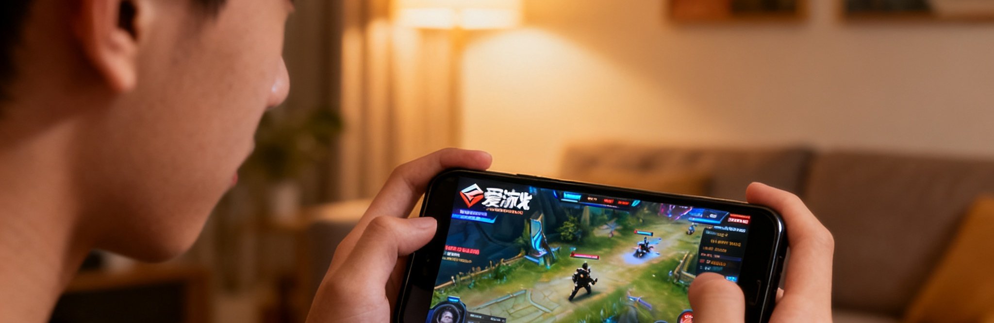 年轻玩家手持智能手机通过爱游戏app观看电竞赛事直播，屏幕中显示高清游戏对战画面，背景为温馨的居家客厅环境