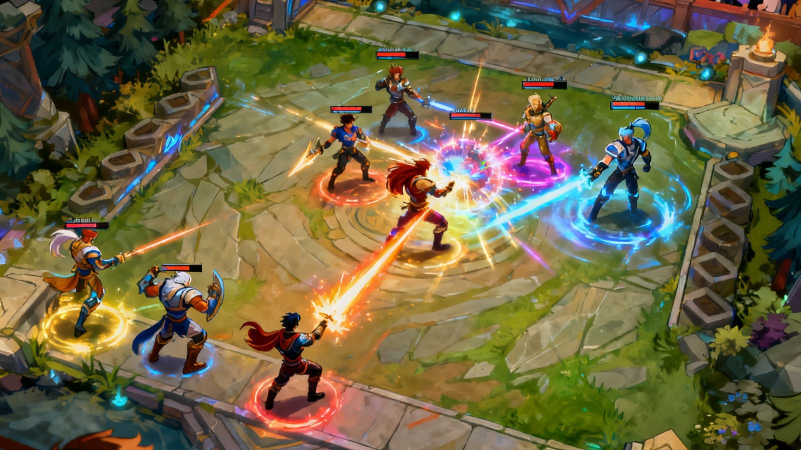 MOBA类游戏5v5团战激烈对战场面，十名选手操控英雄在峡谷地图中展开关键团战，技能特效绚丽夺目，观众弹幕密集滚动