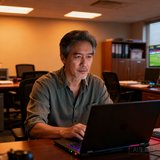 一位中年男性玩家头像，穿着休闲衬衫，在办公室环境中使用笔记本电脑观看赛事